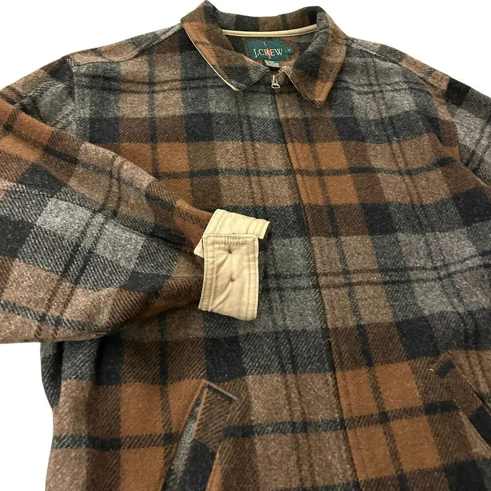 Vintage J.Crew Wool Plaid Zip Jacket Brown Gray Made in USA Mens L Unisex